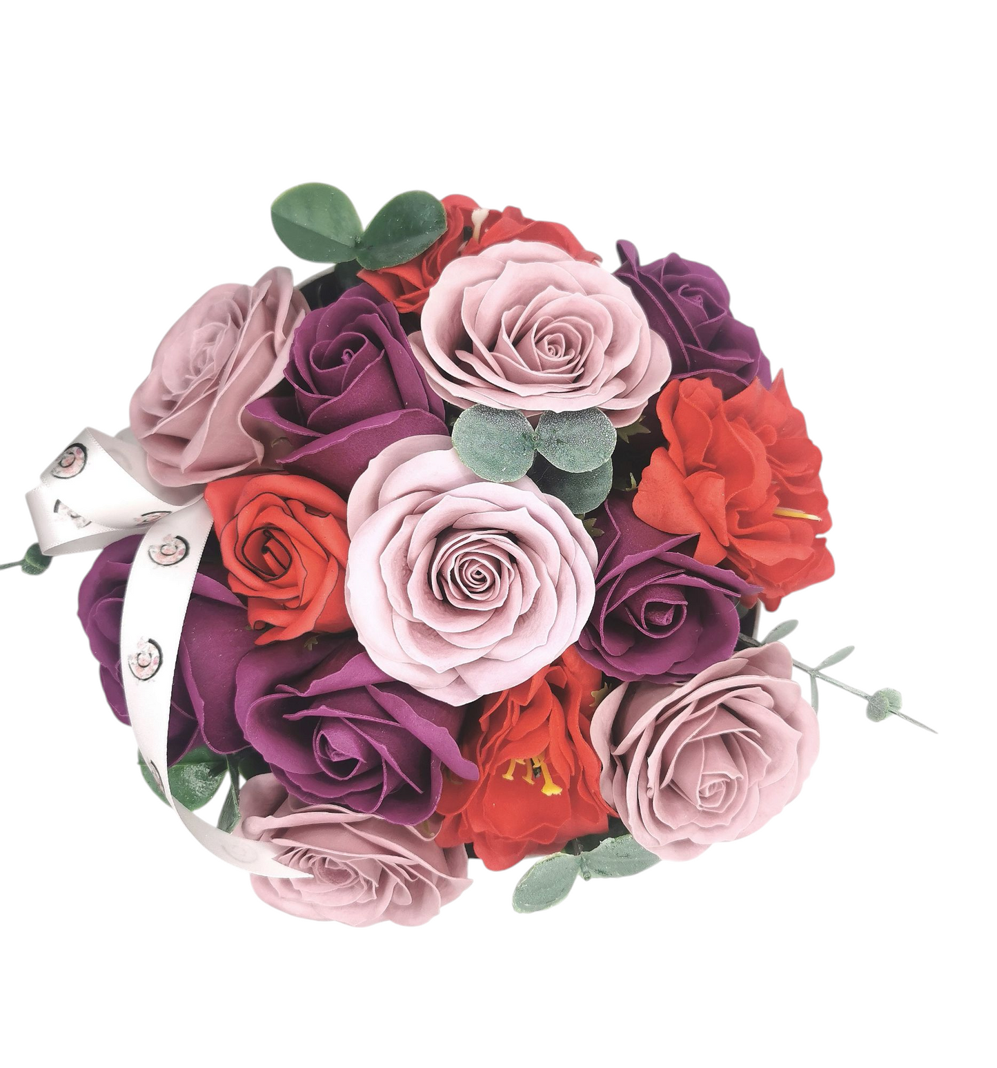 Composition Manolo, fleurs de savon variées (roses multiples, petites pivoines)