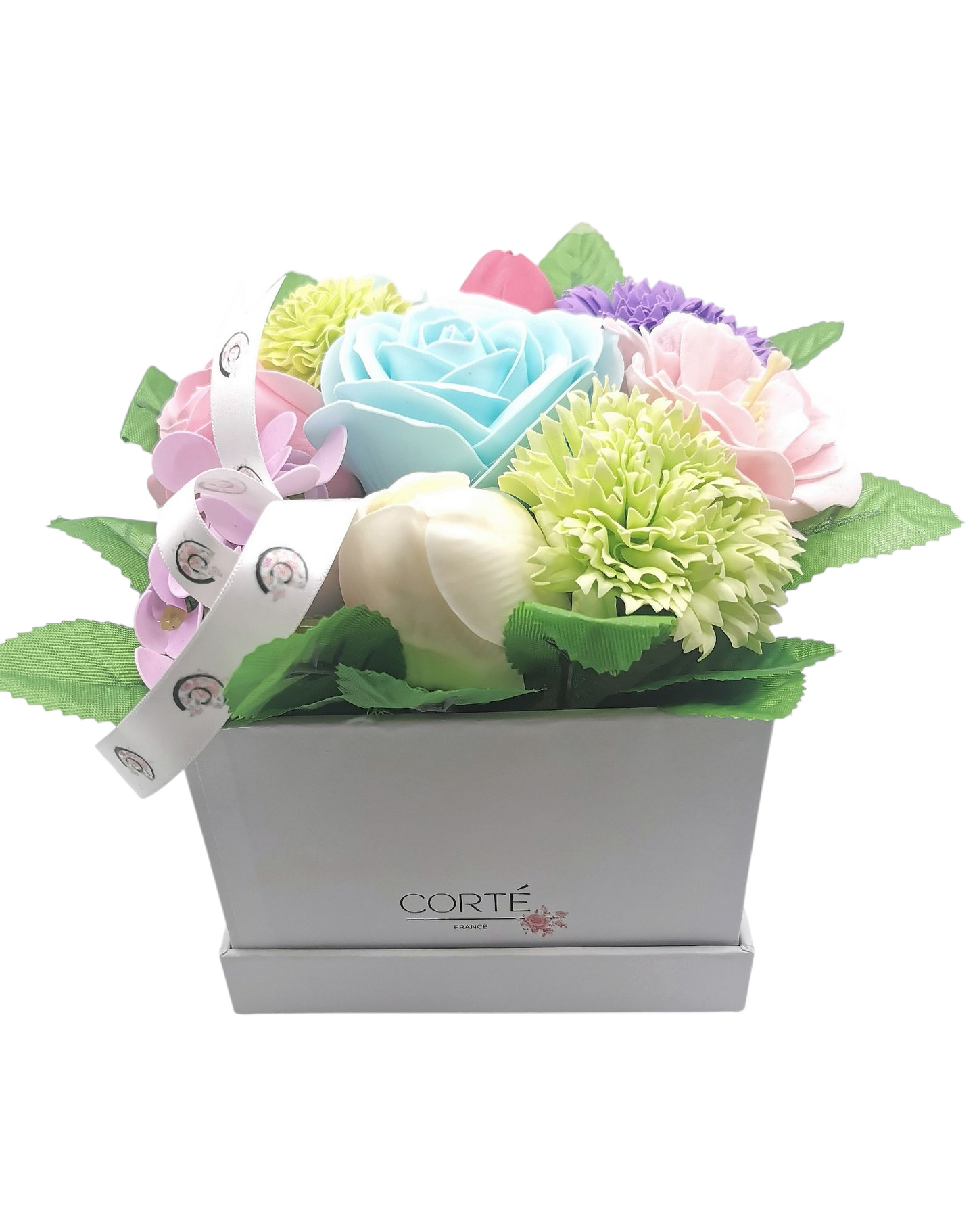 Composition Noé, fleurs de savon variées ( roses, tulipes, hortensias, petites pivoines…)