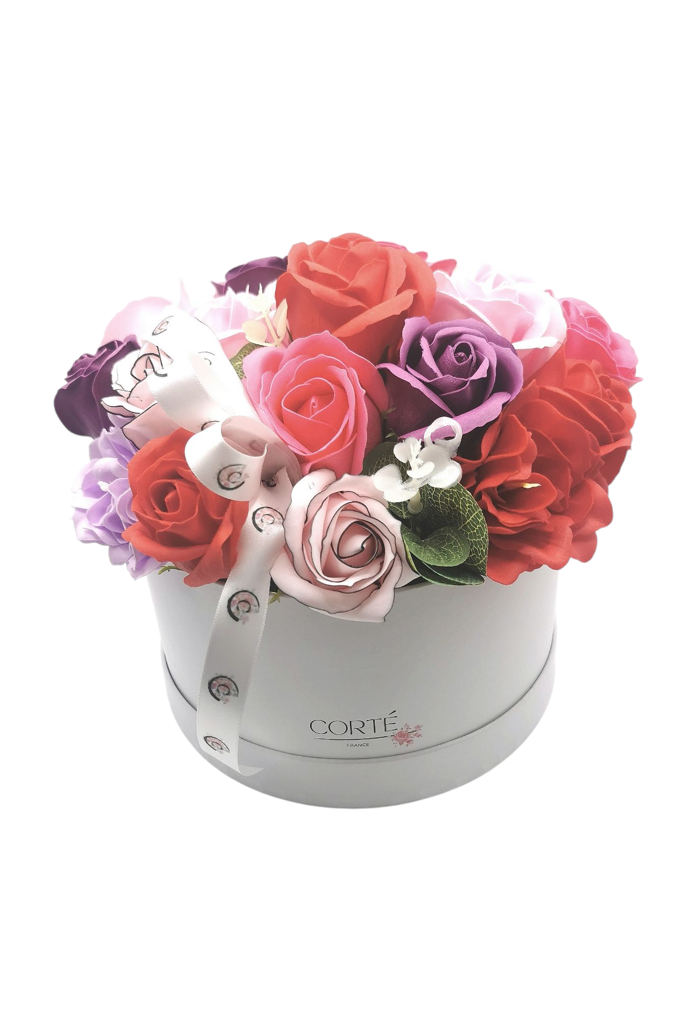 Composition Hugo, fleurs de savon variées (roses multiples, petites pivoines)
