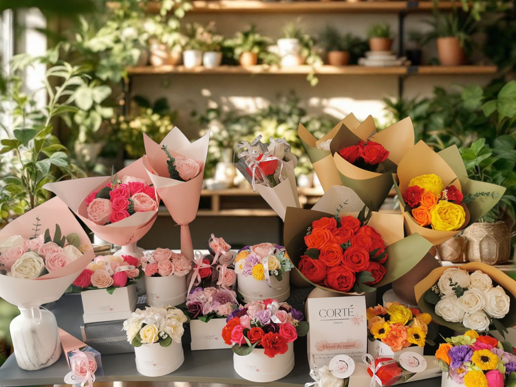 fleurs en savon, cadeau original et raffiné