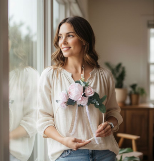 creation en fleurs de savon, femme heureuse avec ses fleurs de savon dans sa maison