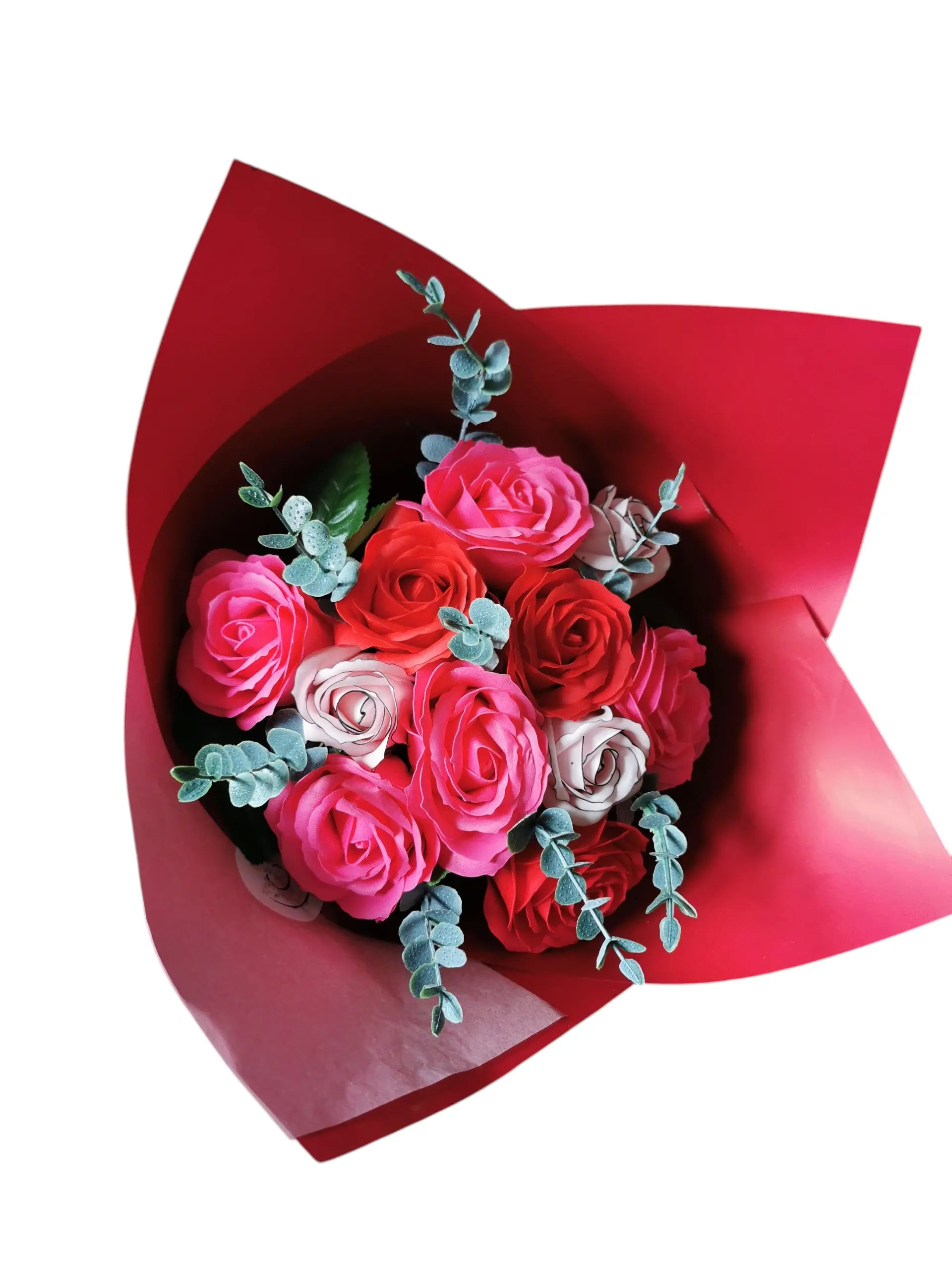 "Bouquet de fleurs de savon (Valentina) roses rouges, roses et fuchsias" Corté France