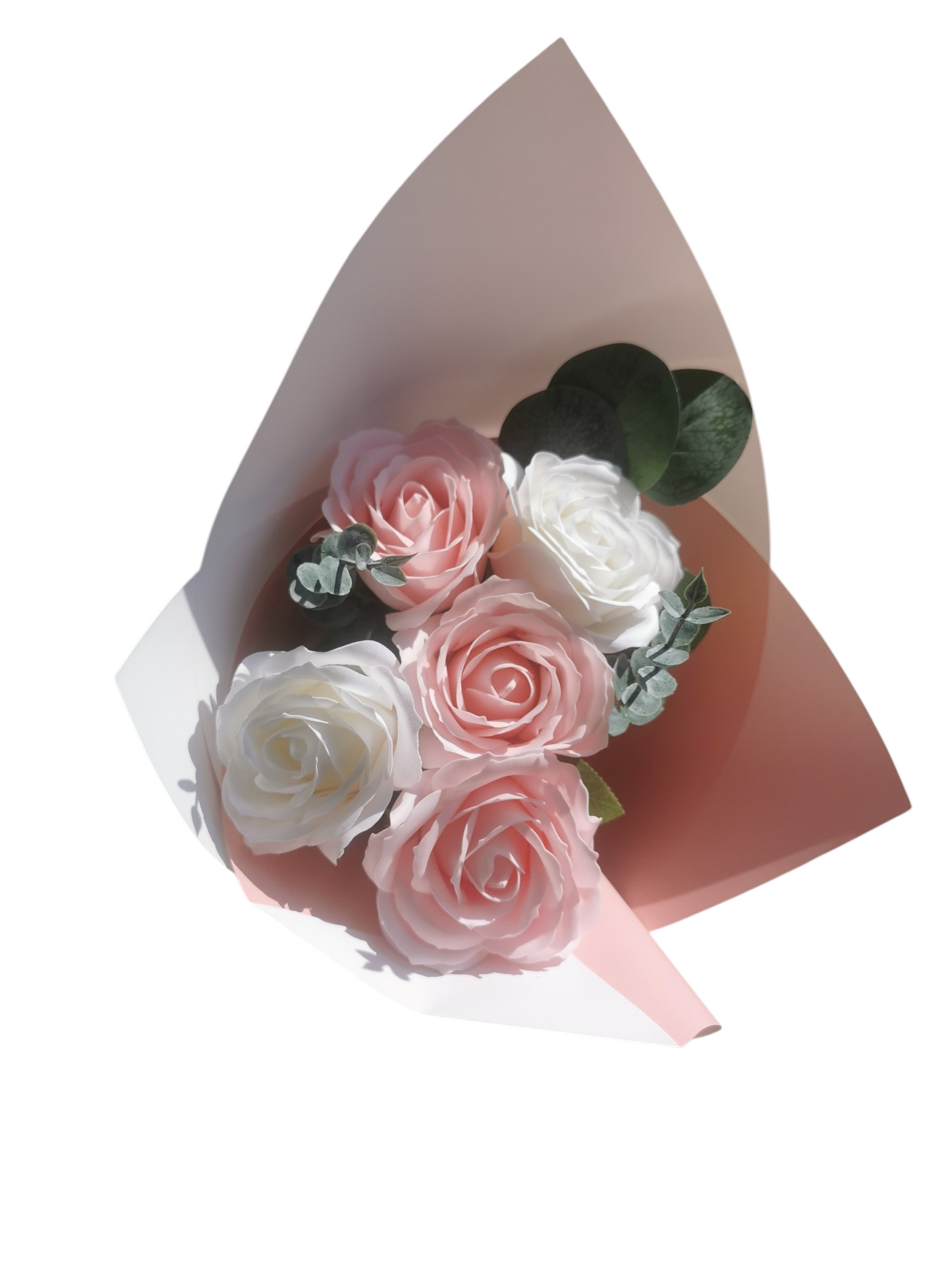 Bouquet de 5 roses gros boutons, rose et blanc Corté France