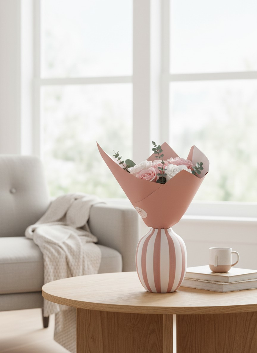 Bouquet de 5 roses gros boutons, rose et blanc Corté France