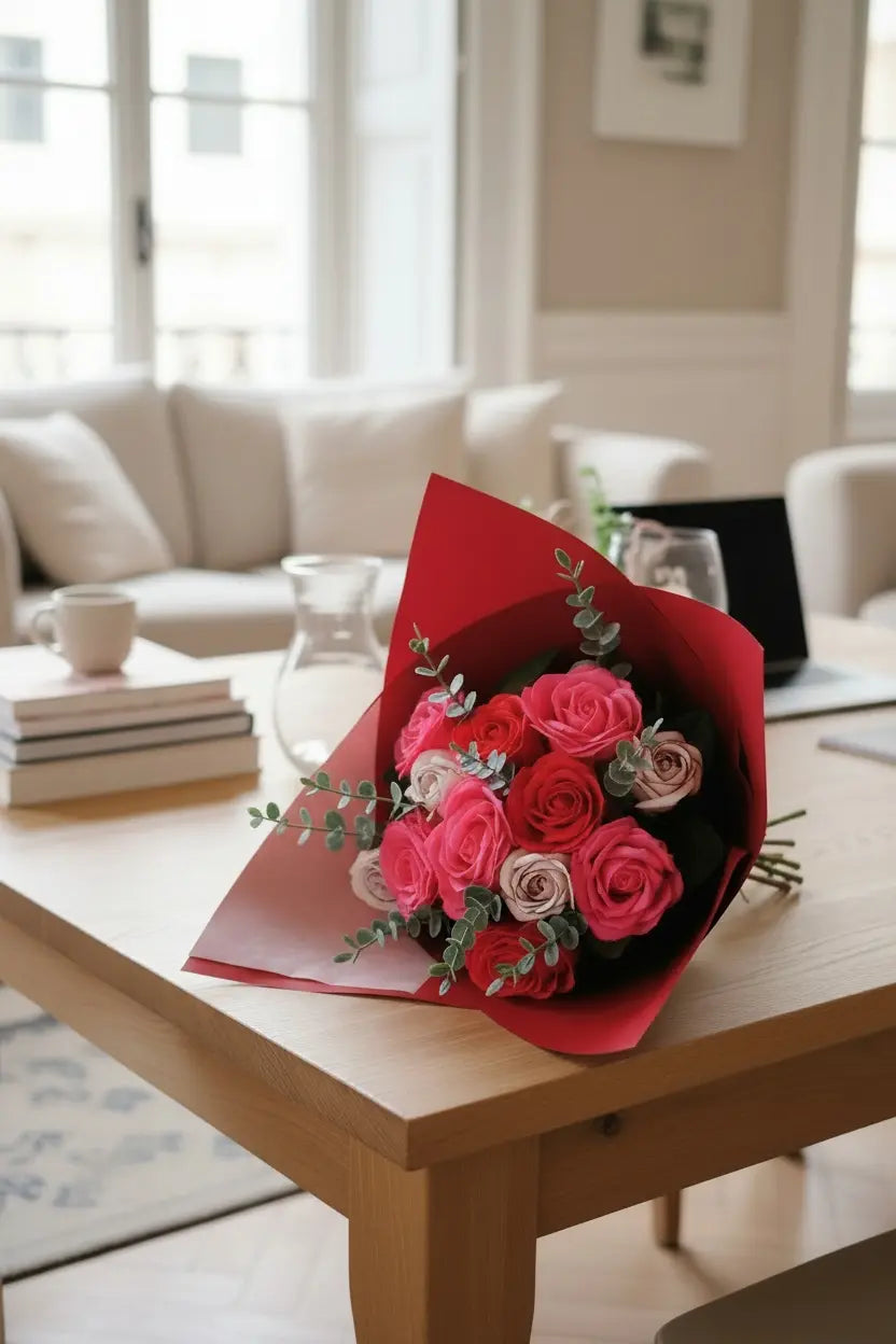 Bouquet Romantique (rouge, fuschia, rose) composé  de 11 roses  Saint-Valentin Corté France