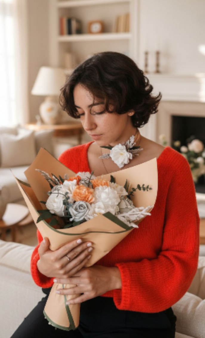 livrer des fleurs, femme recevant des fleurs de savon de Corté France